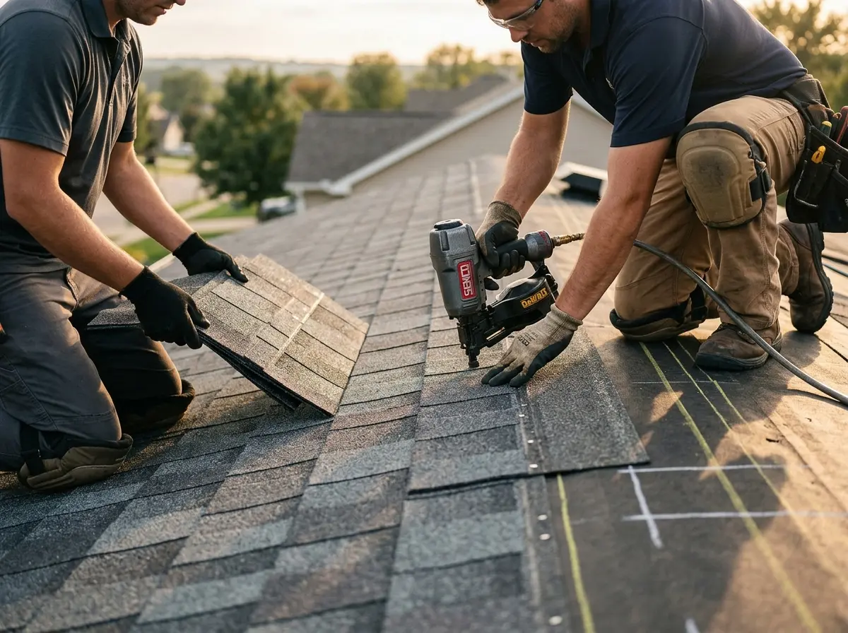 Professional roofer working on a residential roof in Plainville